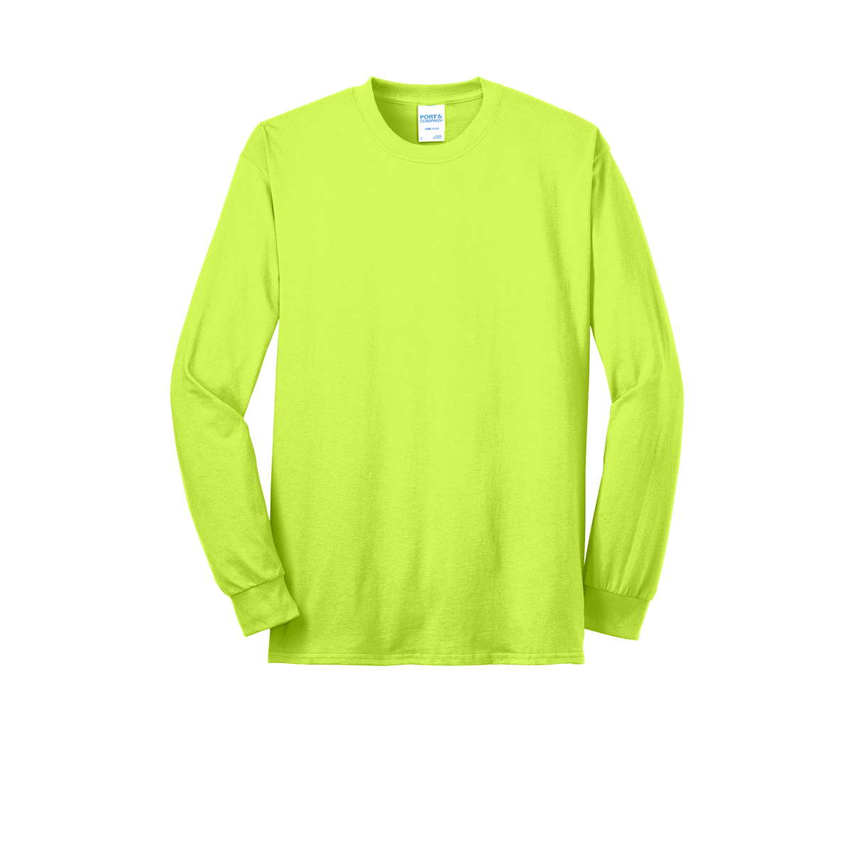 Custom Port & Company core blend long-sleeve T-shirt in Safety Green, front view
