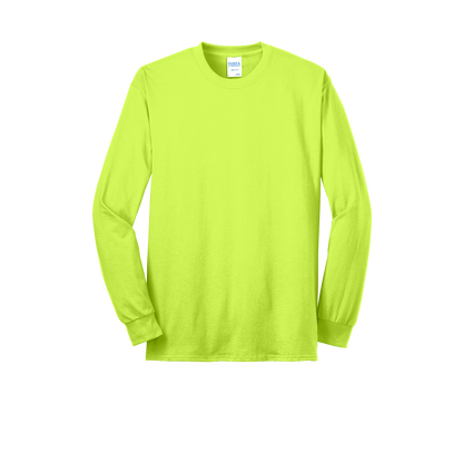 Custom Port & Company core blend long-sleeve T-shirt in Safety Green, front view