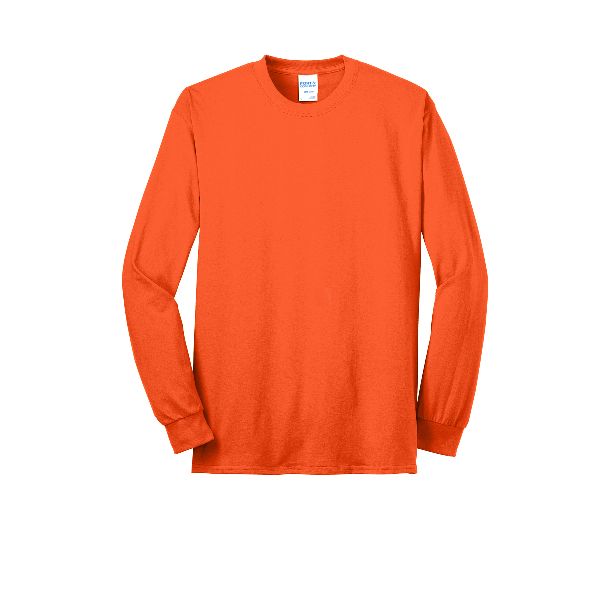 Custom Port & Company core blend long-sleeve T-shirt in Safety Orange, front view