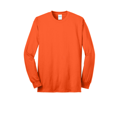 Custom Port & Company core blend long-sleeve T-shirt in Safety Orange, front view