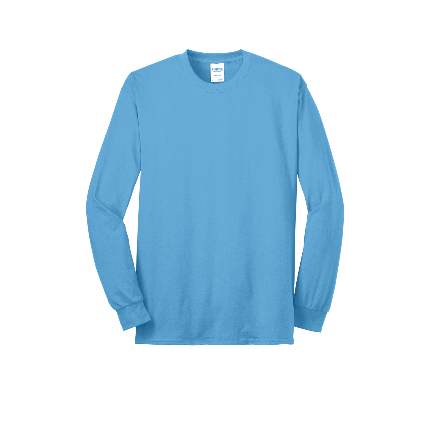 Custom Port & Company core blend long-sleeve T-shirt in Aquatic Blue, front view