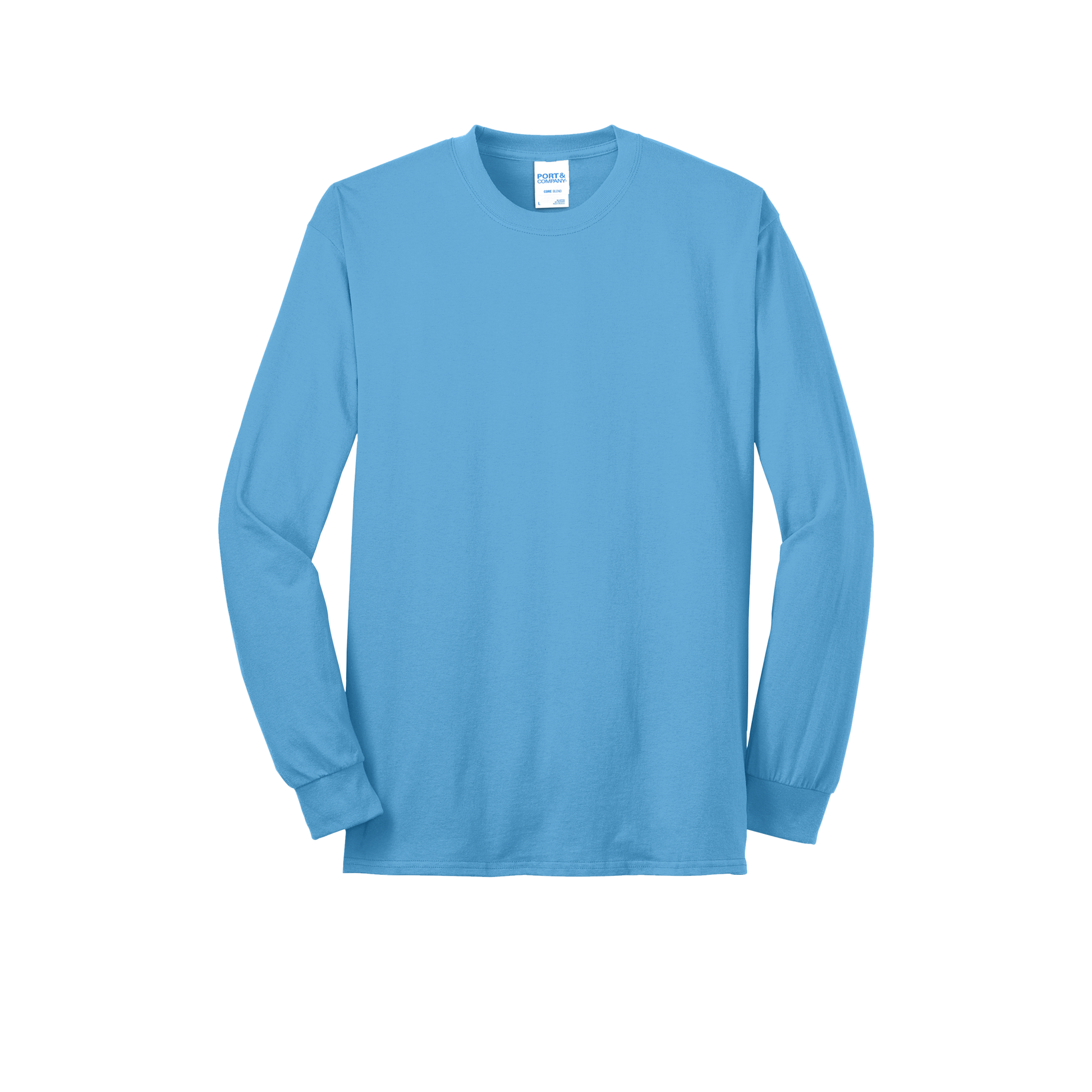 Custom Port & Company core blend long-sleeve T-shirt in Aquatic Blue, front view