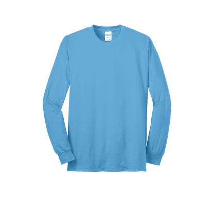 Custom Port & Company core blend long-sleeve T-shirt in Aquatic Blue, front view