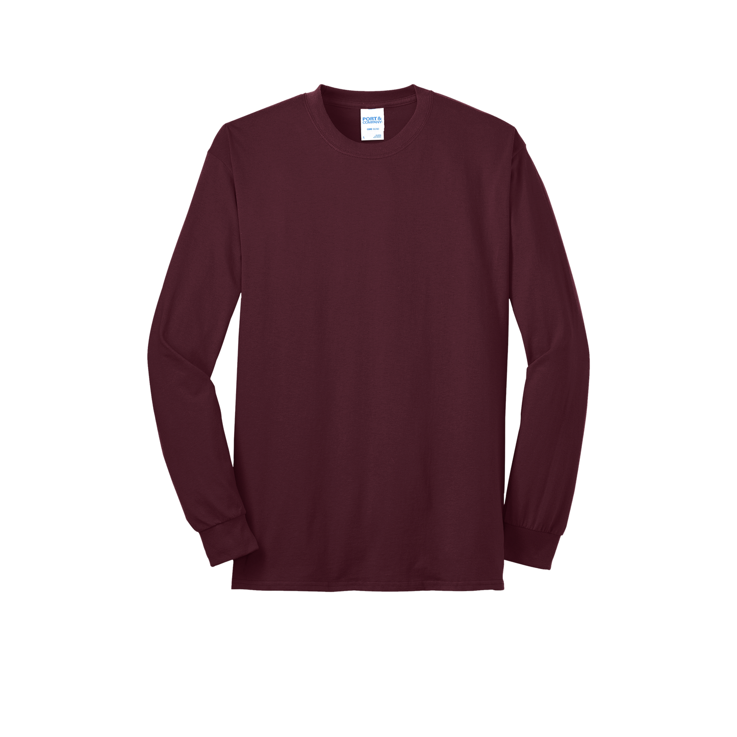 Custom Port & Company core blend long-sleeve T-shirt in Athletic Maroon, front view