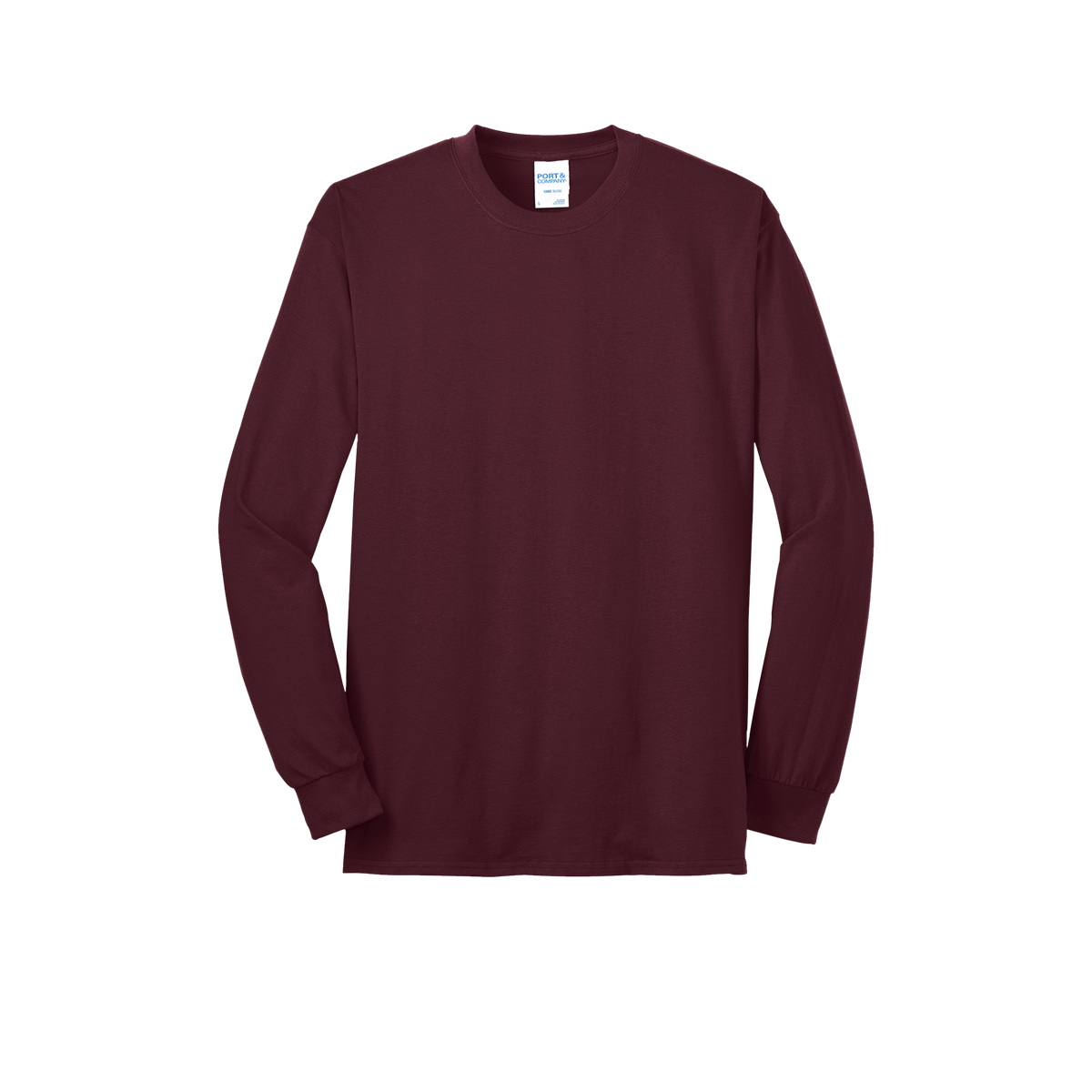 Custom Port & Company core blend long-sleeve T-shirt in Athletic Maroon, front view