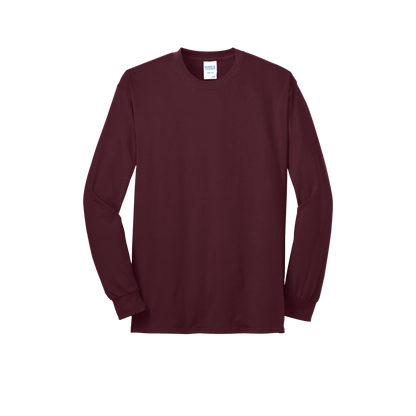 Custom Port & Company core blend long-sleeve T-shirt in Athletic Maroon, front view