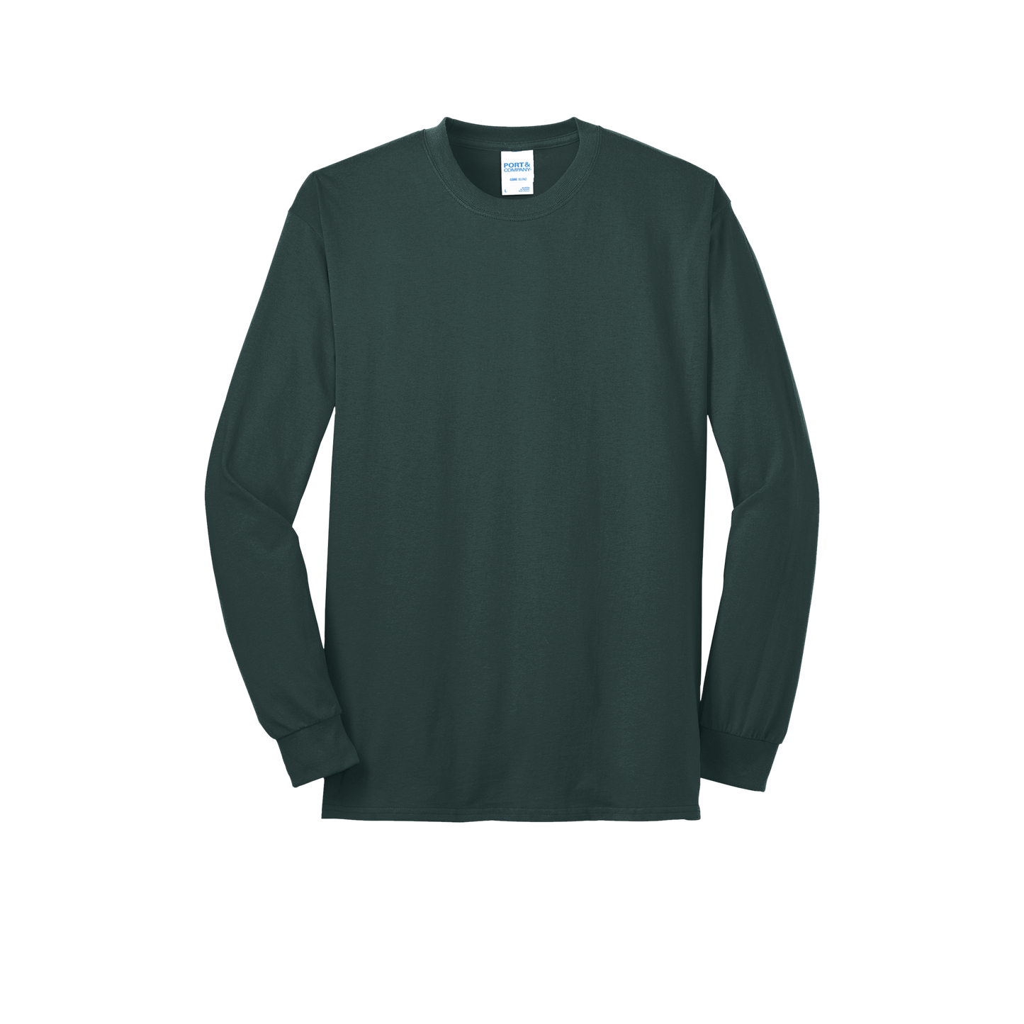 Custom Port & Company core blend long-sleeve T-shirt in Dark Green, front view