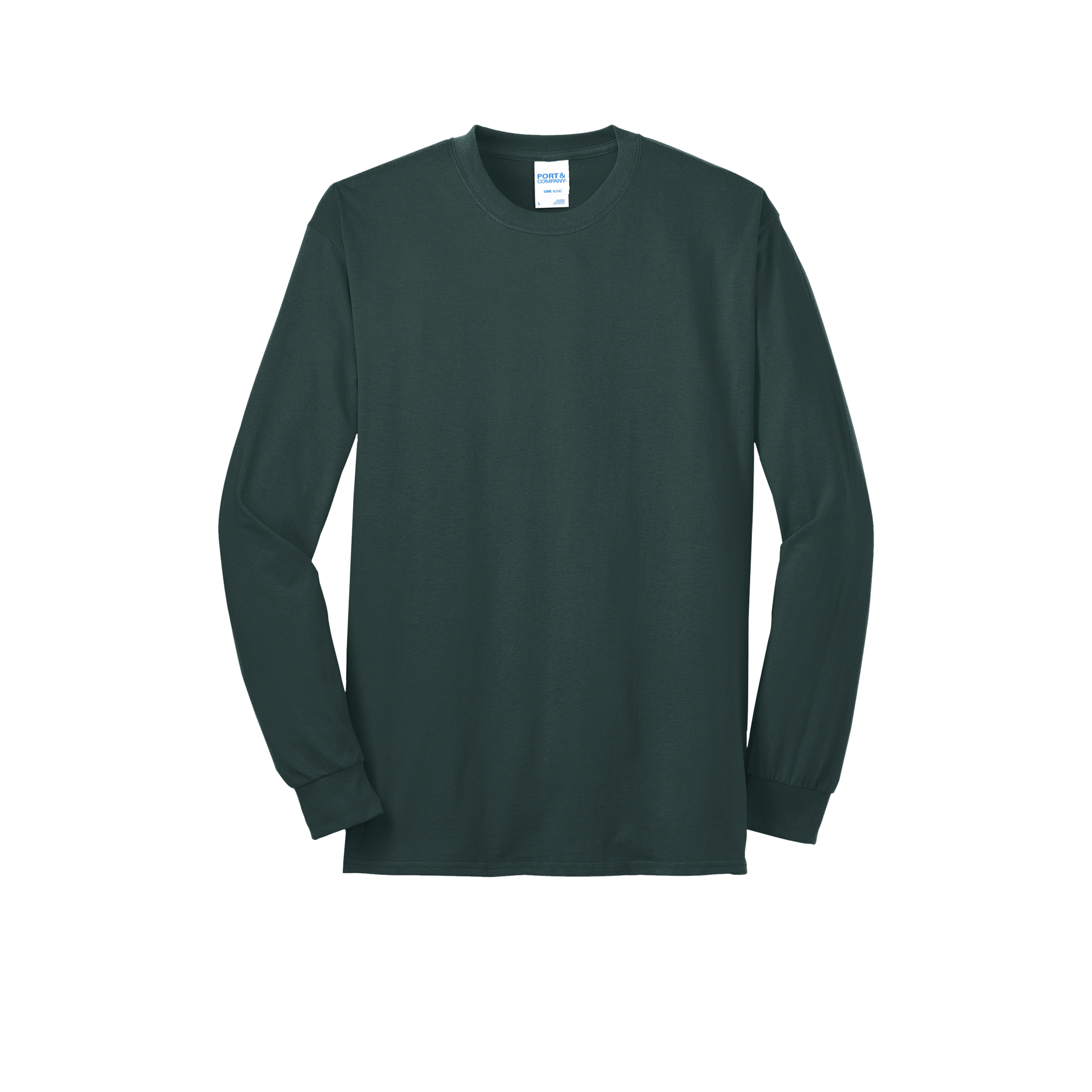 Custom Port & Company core blend long-sleeve T-shirt in Dark Green, front view