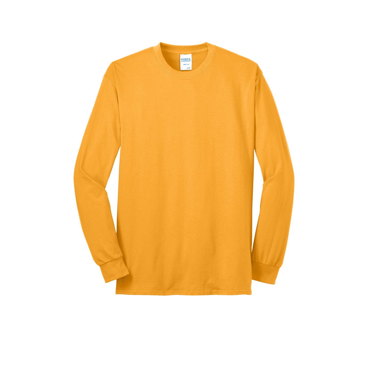 Custom Port & Company core blend long-sleeve T-shirt in Gold, front view