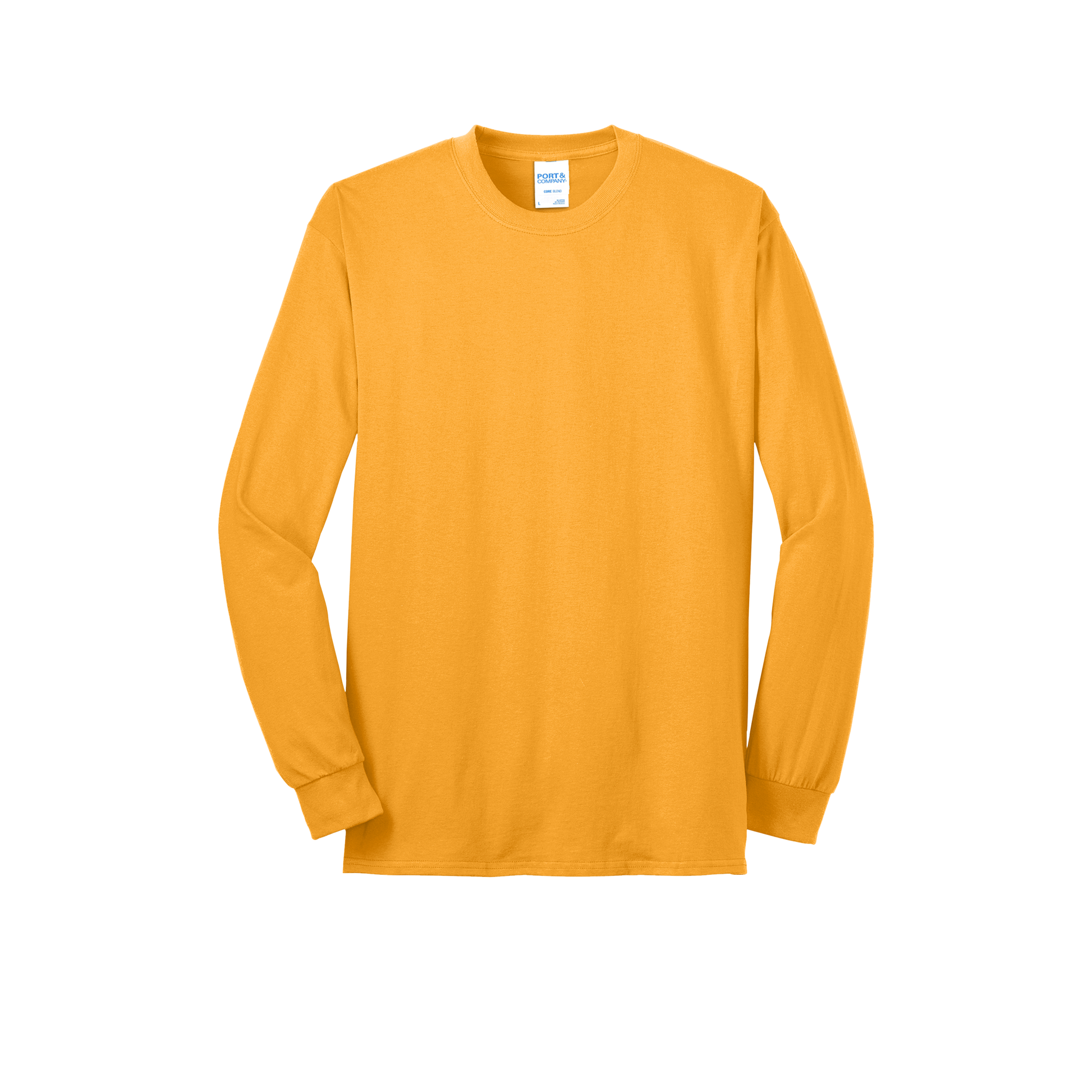 Custom Port & Company core blend long-sleeve T-shirt in Gold, front view