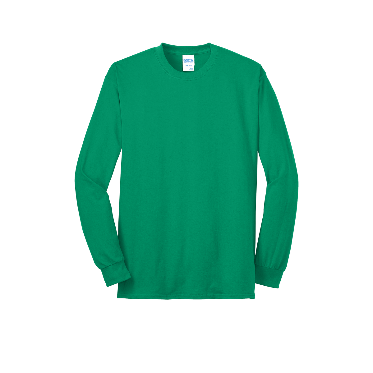 Custom Port & Company core blend long-sleeve T-shirt in Kelly Green, front view