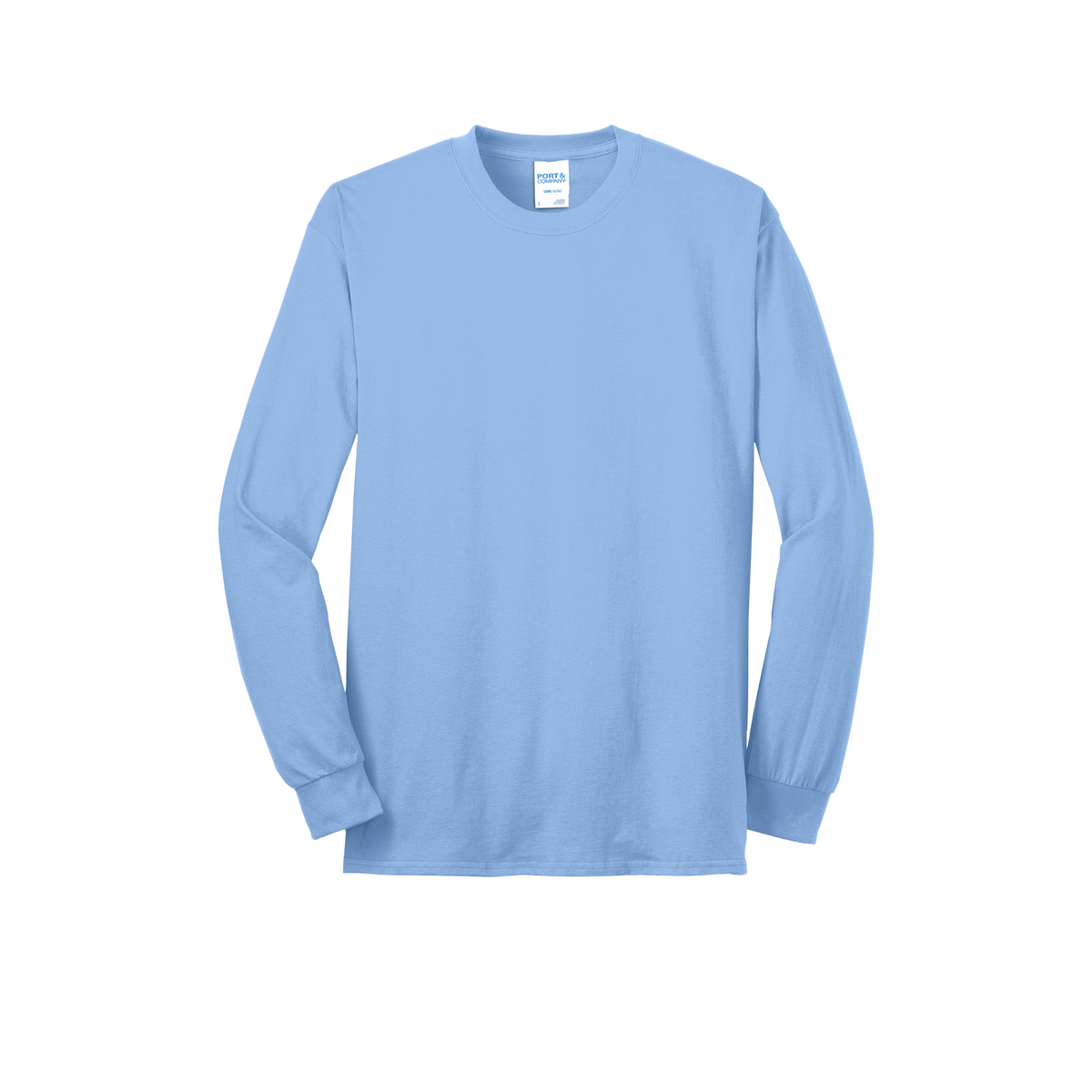 Custom Port & Company core blend long-sleeve T-shirt in Light Blue, front view