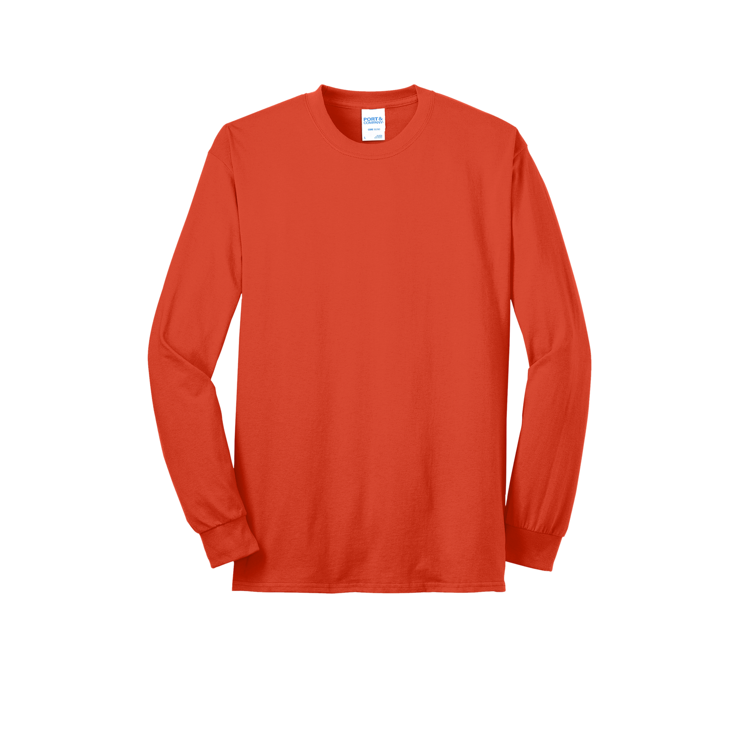 Custom Port & Company core blend long-sleeve T-shirt in Orange, front view
