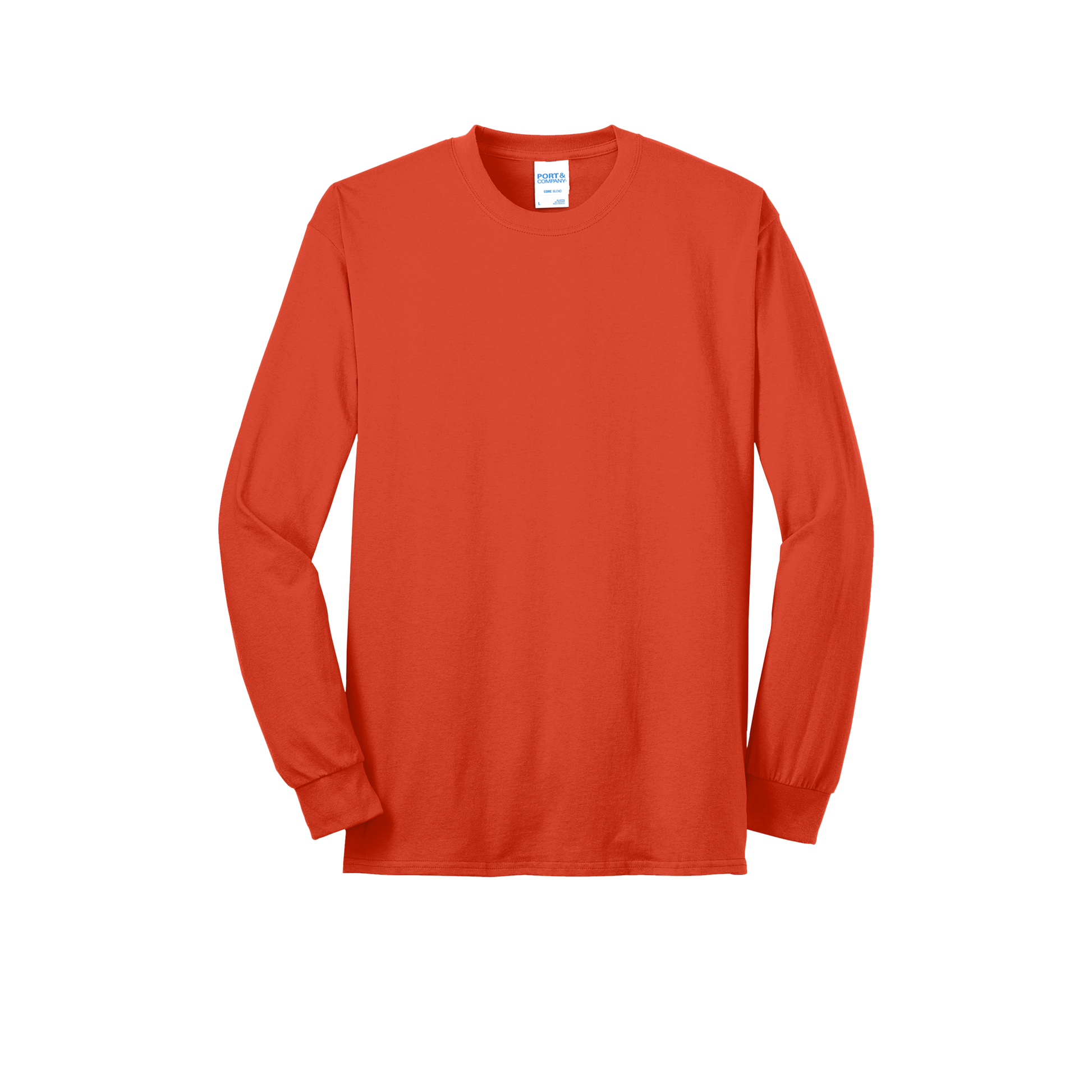 Custom Port & Company core blend long-sleeve T-shirt in Orange, front view