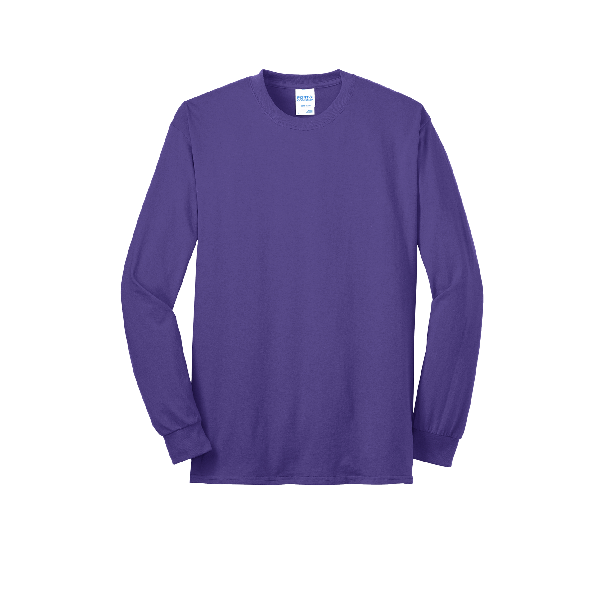 Custom Port & Company core blend long-sleeve T-shirt in Purple, front view