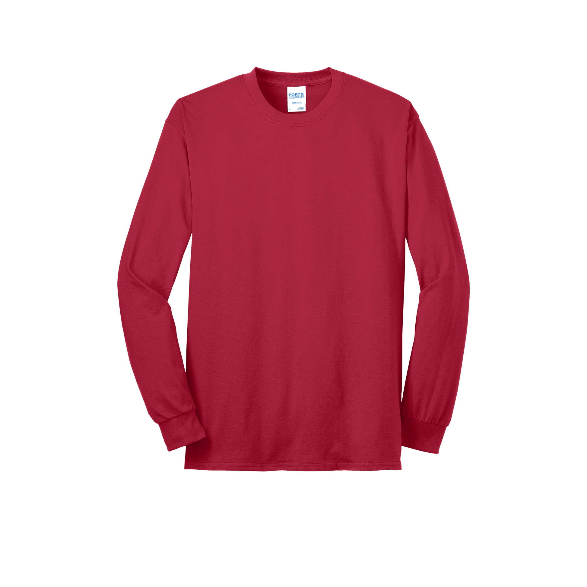 Custom Port & Company core blend long-sleeve T-shirt in Red, front view