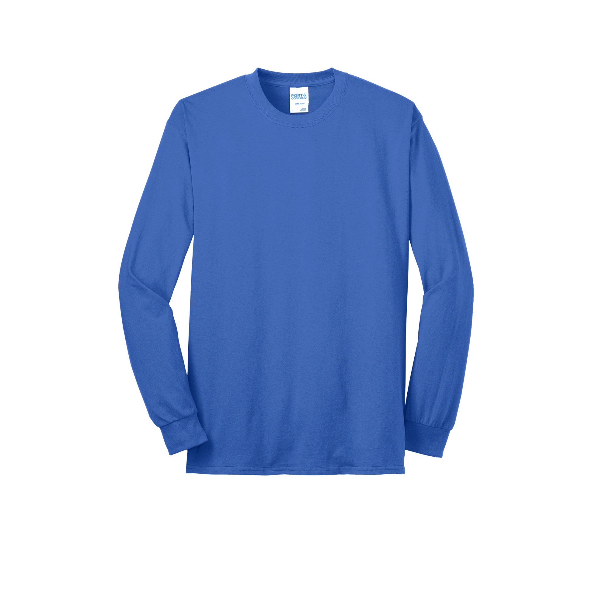 Custom Port & Company core blend long-sleeve T-shirt in Royal Blue, front view