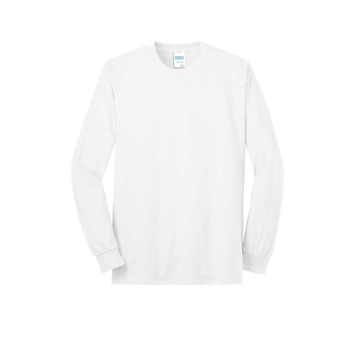 Custom Port & Company core blend long-sleeve T-shirt in White, front view