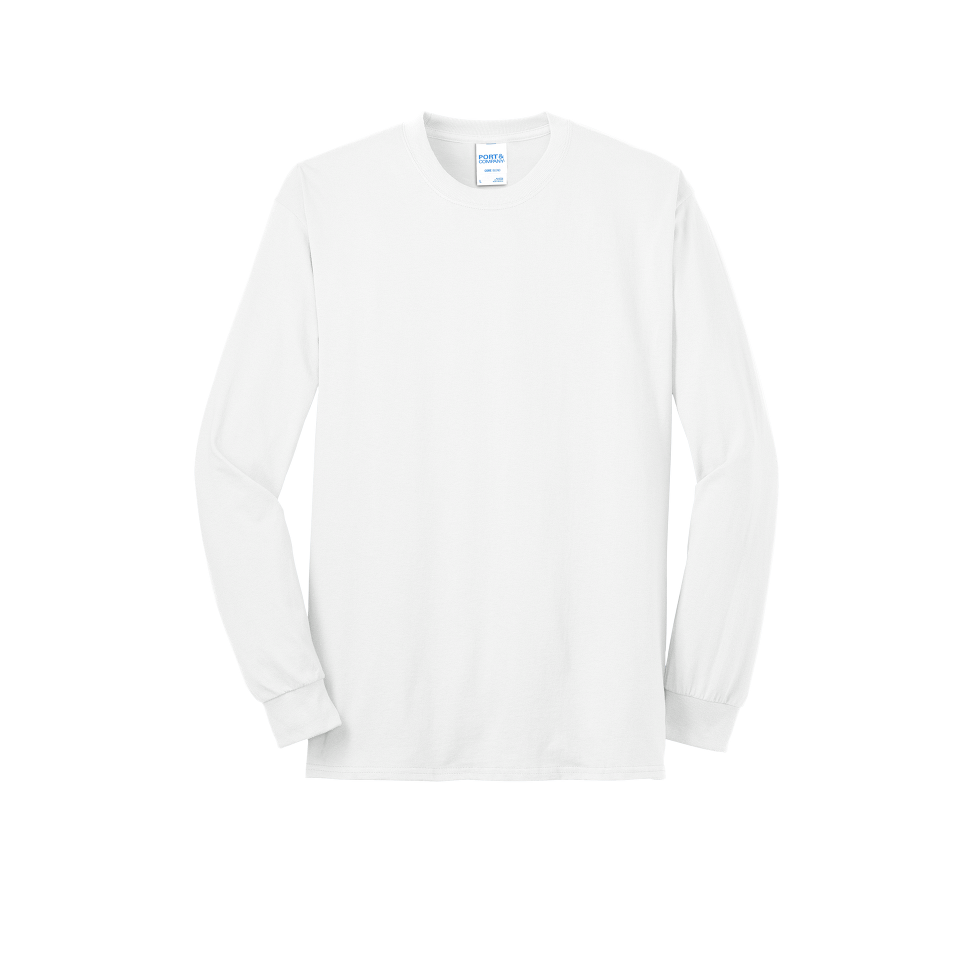Custom Port & Company core blend long-sleeve T-shirt in White, front view