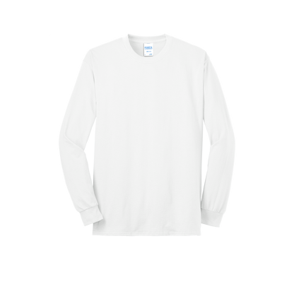 Custom Port & Company core blend long-sleeve T-shirt in White, front view