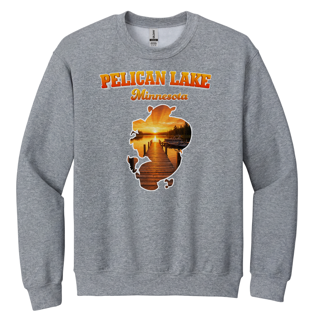 Pelican Lake design on Heather Grey crewneck sweatshirt