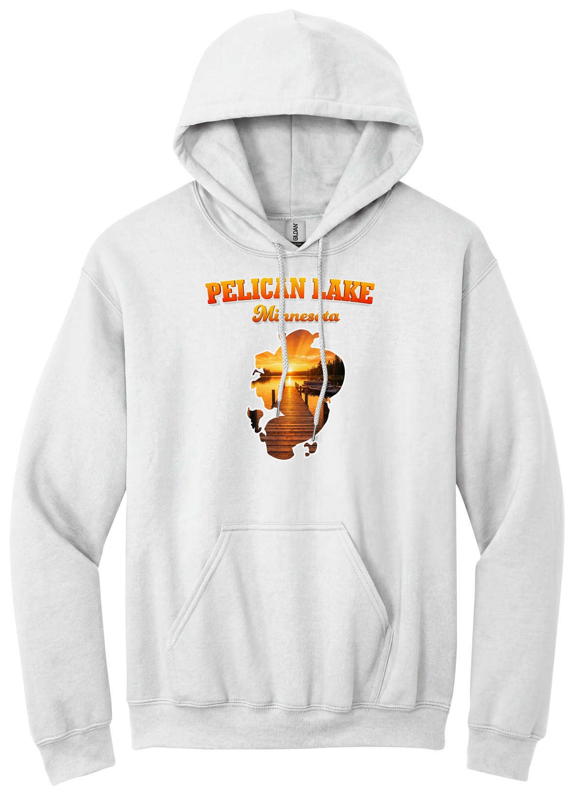 Pelican Lake design on White hoodie