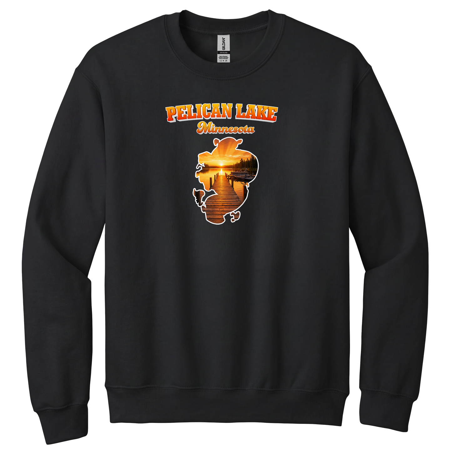 Pelican Lake design on Black crewneck sweatshirt