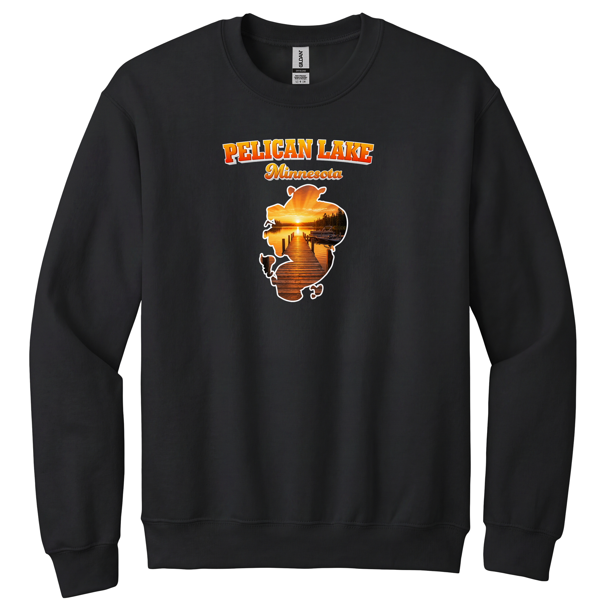 Pelican Lake design on Black crewneck sweatshirt