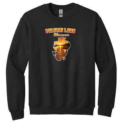 Pelican Lake design on Black crewneck sweatshirt
