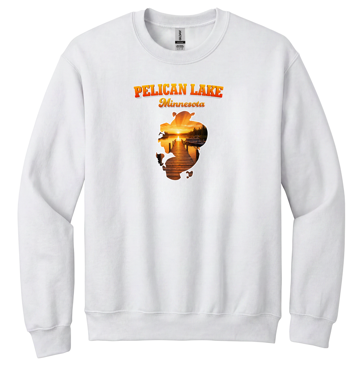 Pelican Lake design on White crewneck sweatshirt