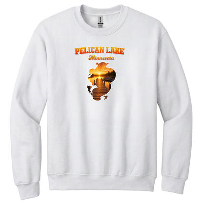 Pelican Lake design on White crewneck sweatshirt
