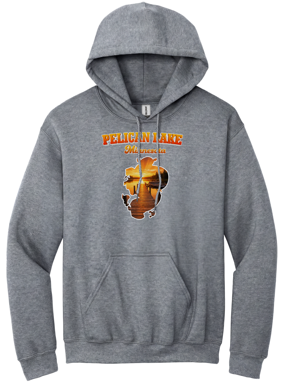 Pelican Lake design on Heather Grey hoodie