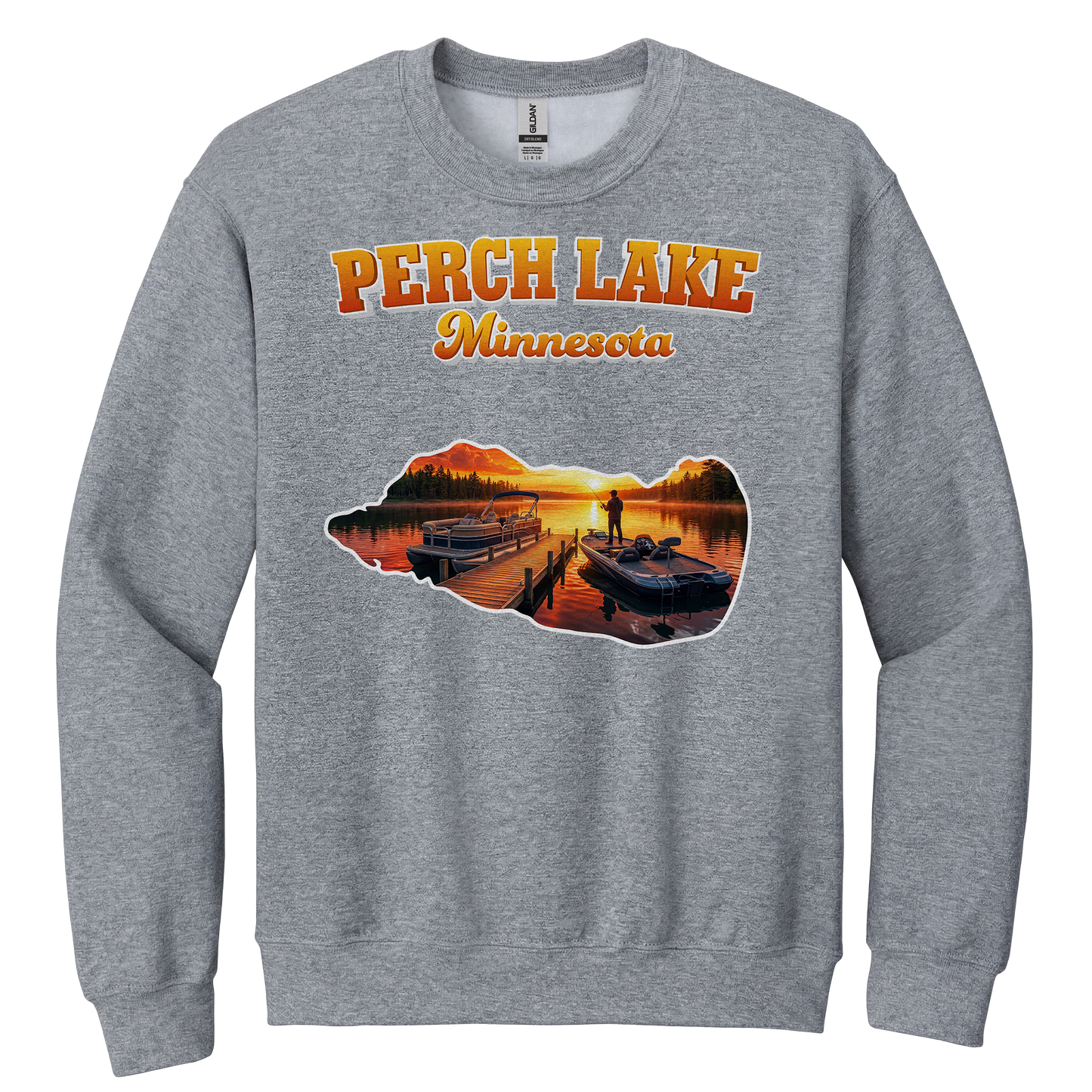 Perch Lake design on Heather Grey crewneck sweatshirt