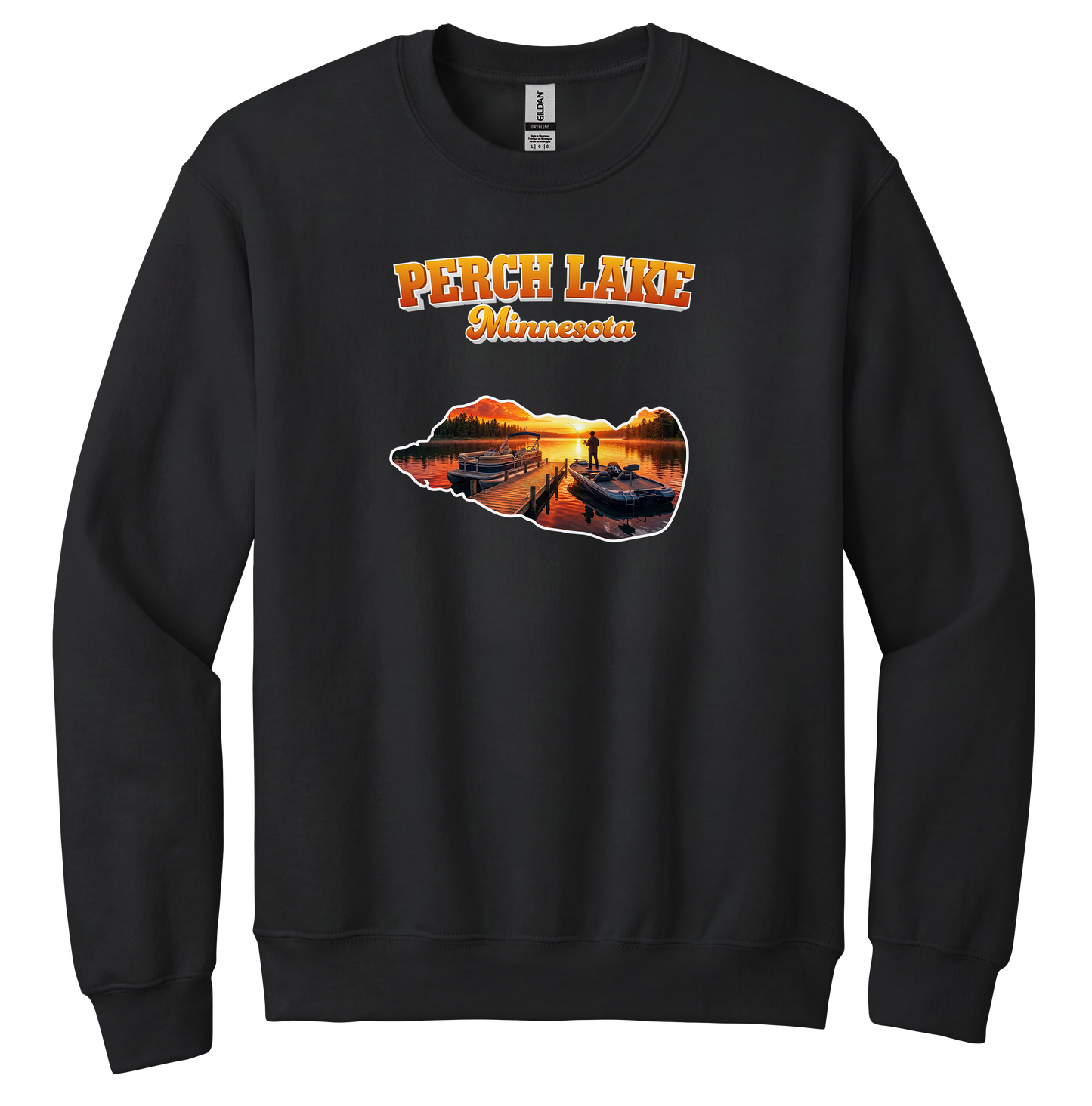 Perch Lake design on Black crewneck sweatshirt