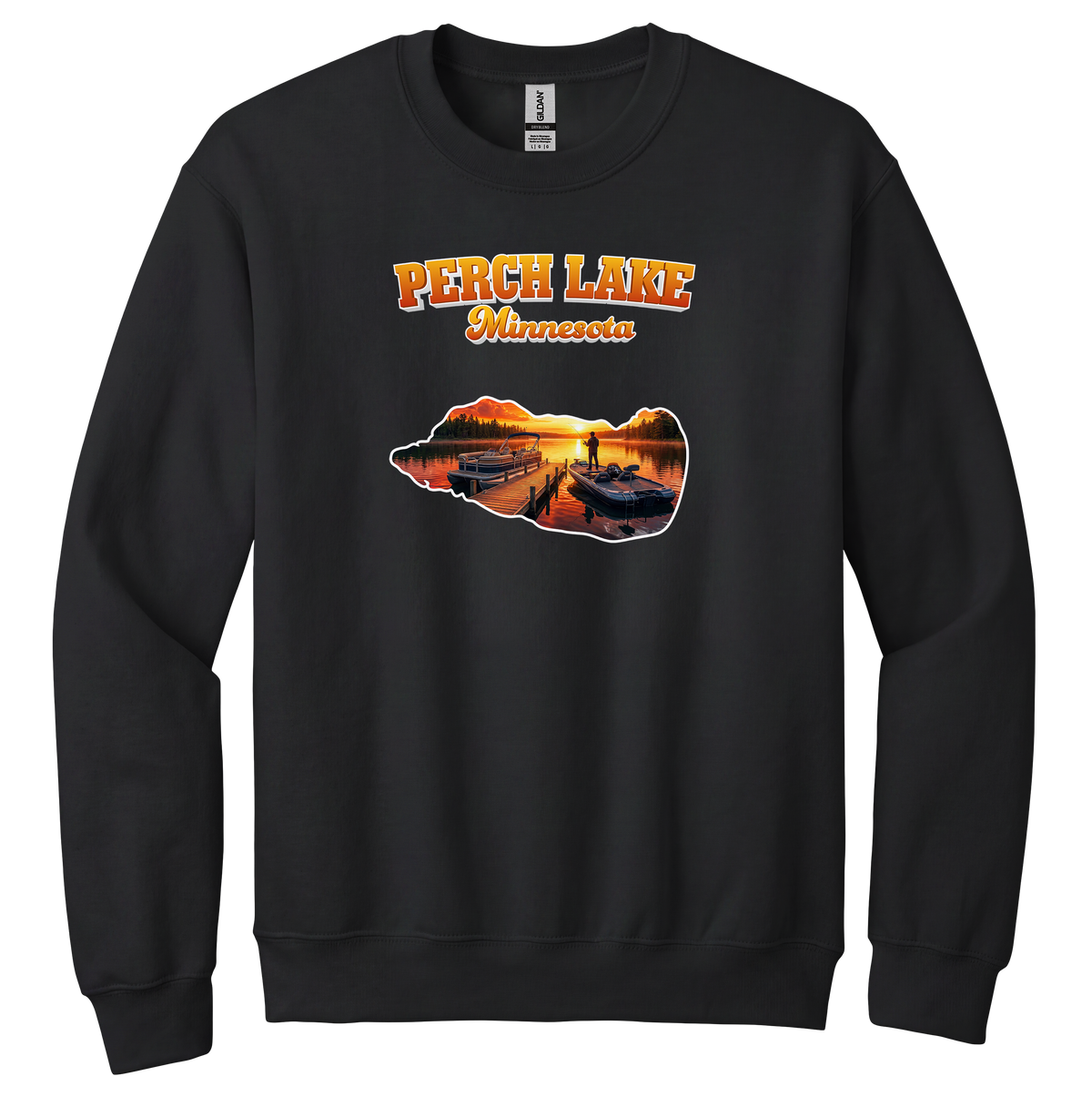 Perch Lake design on Black crewneck sweatshirt