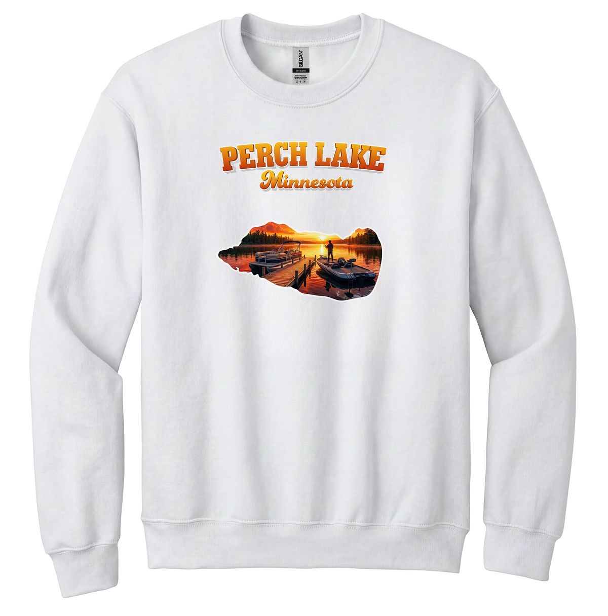 Perch Lake design on White crewneck sweatshirt