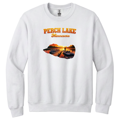 Perch Lake design on White crewneck sweatshirt