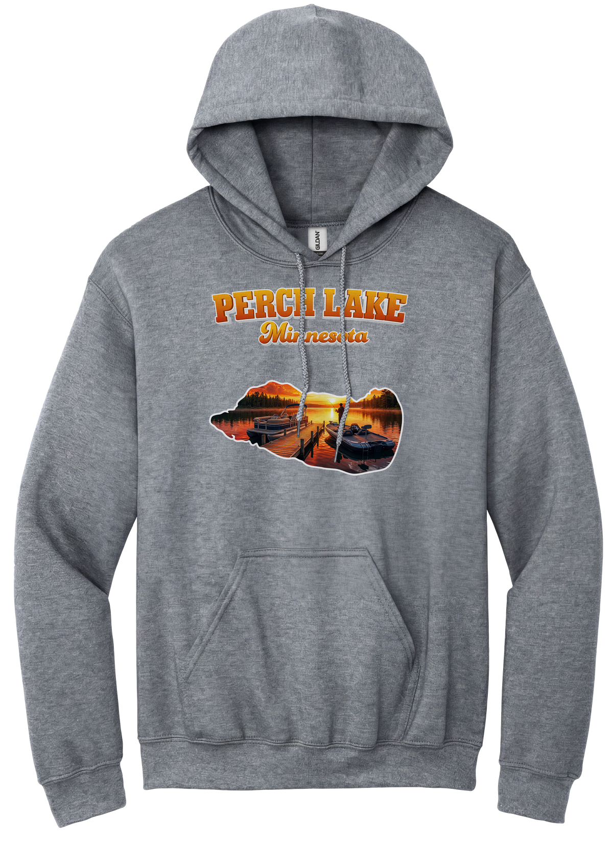 Perch Lake design on Heather Grey hoodie