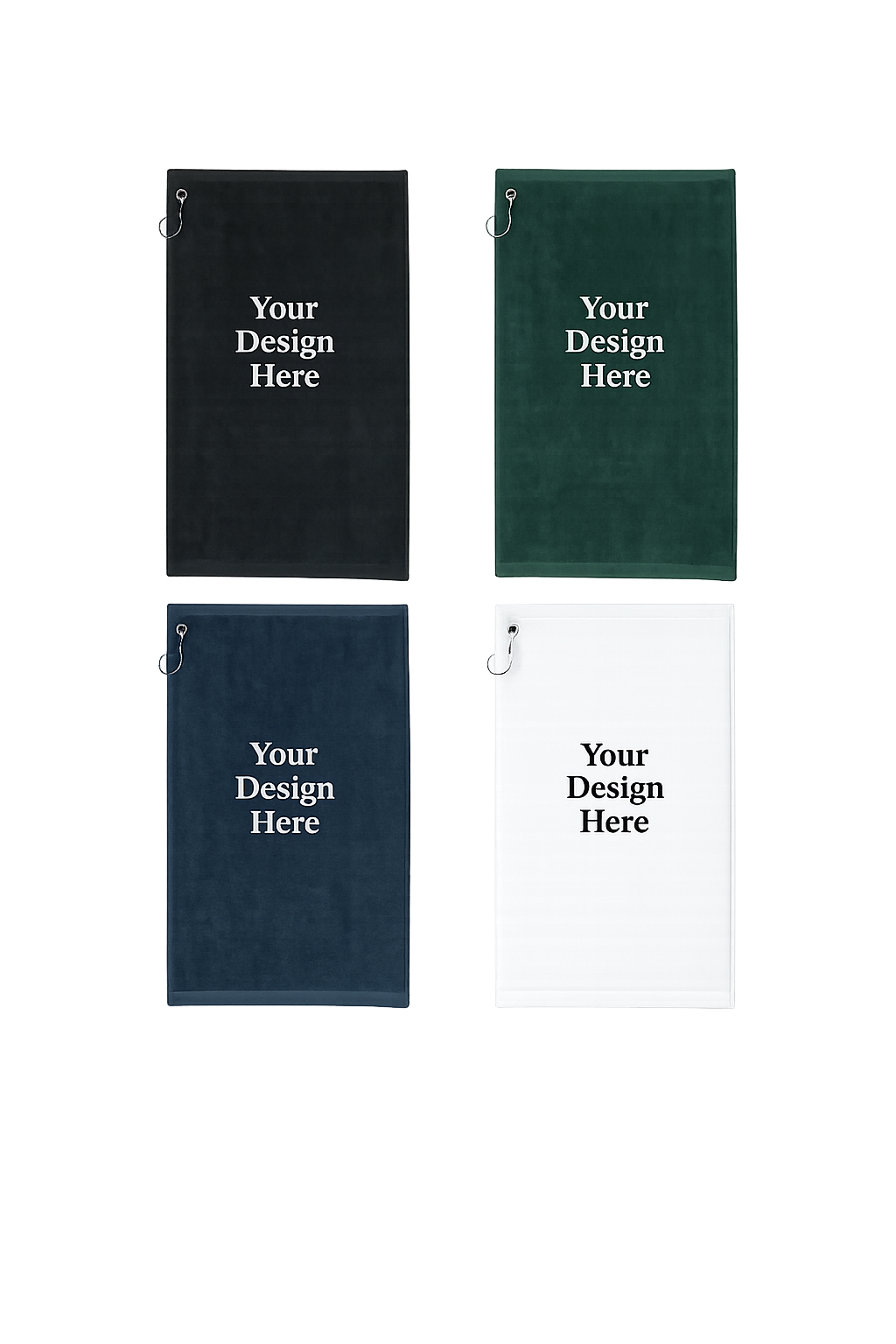 Personalized golf towels displayed in a color grid