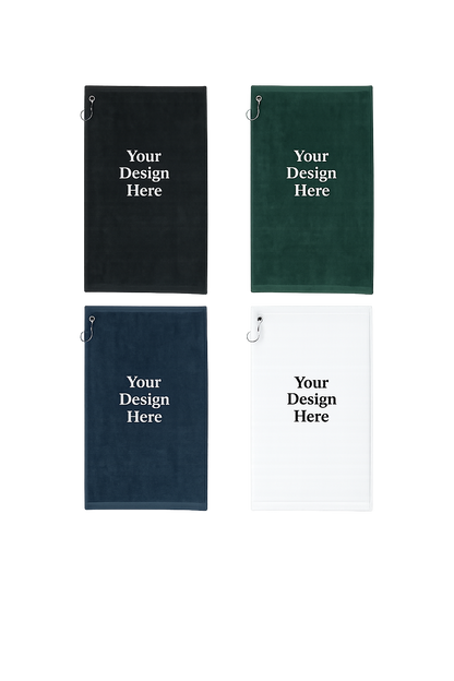 Personalized golf towels displayed in a color grid
