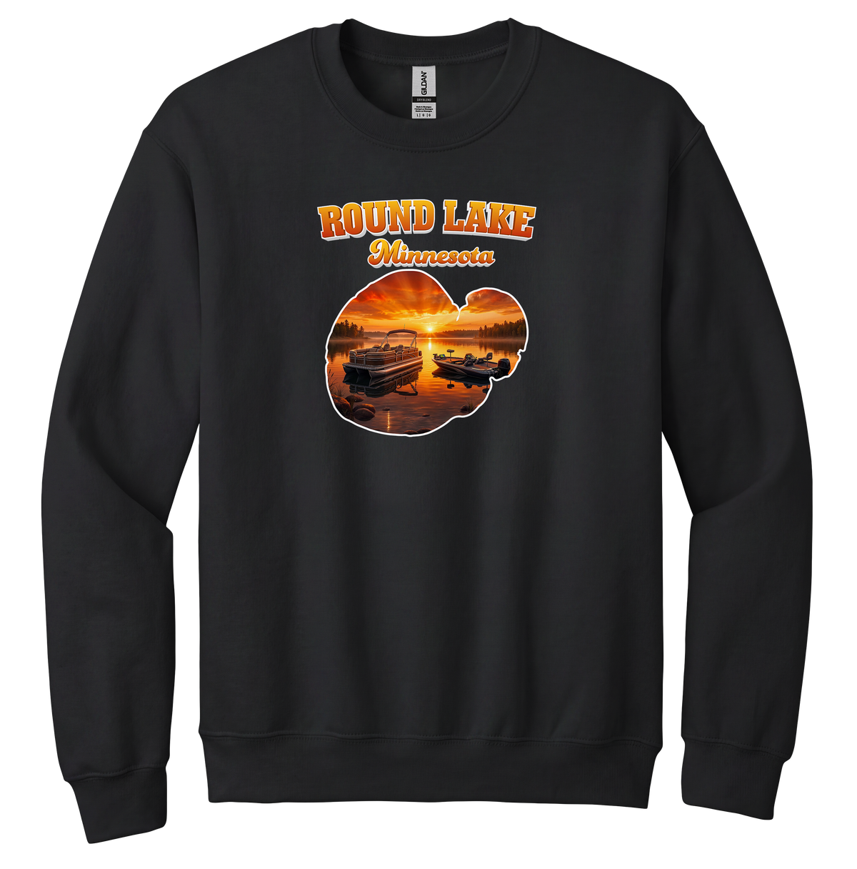 Round Lake design on Black crewneck sweatshirt