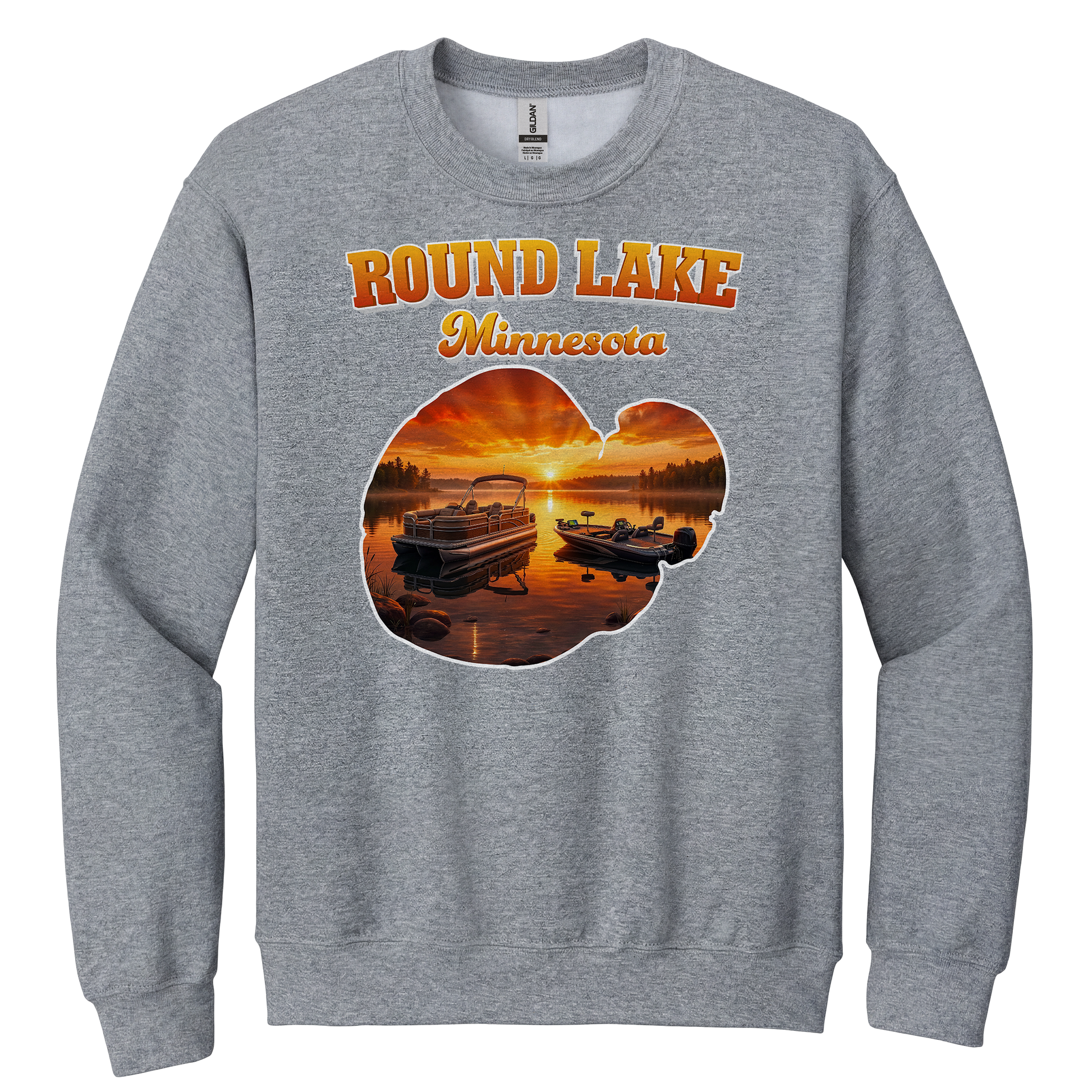 Round Lake design on Heather Grey crewneck sweatshirt
