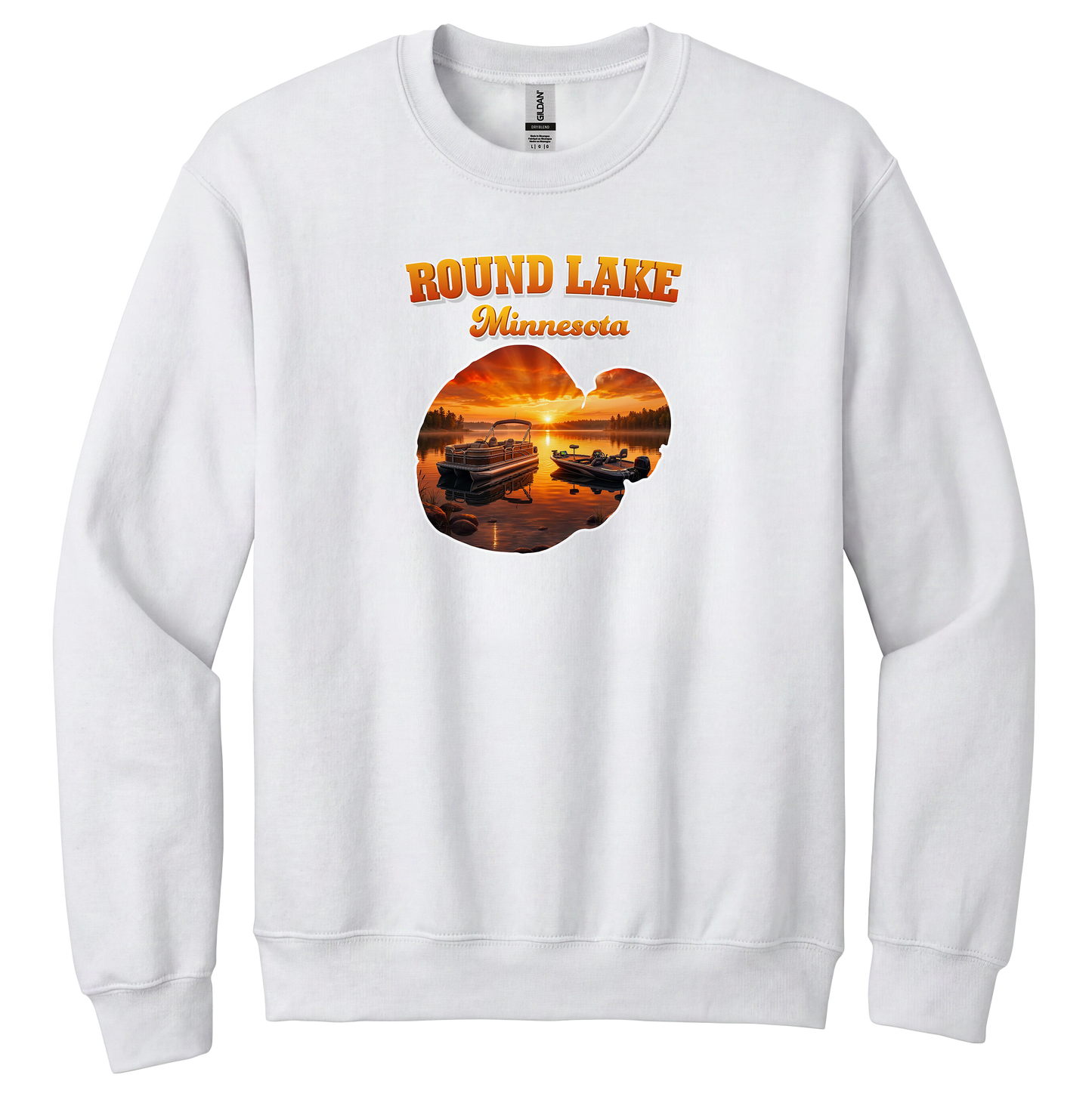 Round Lake design on White crewneck sweatshirt
