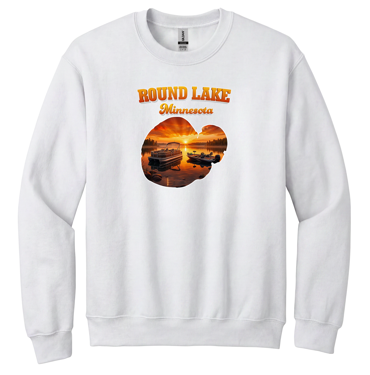 Round Lake design on White crewneck sweatshirt