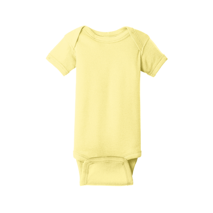 Custom Rabbit Skins infant short-sleeve bodysuit in Banana, front view