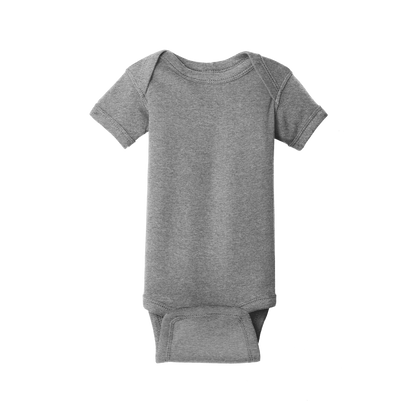Custom Rabbit Skins infant short-sleeve bodysuit in Heather Granite, front view