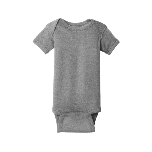Custom Rabbit Skins infant short-sleeve bodysuit in Heather Granite, front view