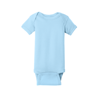 Custom Rabbit Skins infant short-sleeve bodysuit in Light Blue, front view