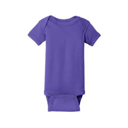 Custom Rabbit Skins infant short-sleeve bodysuit in Purple, front view