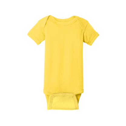 Custom Rabbit Skins infant short-sleeve bodysuit in Yellow, front view
